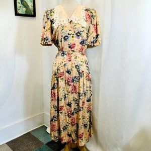 Vintage 1980s Jane Singer Rayon Dress Spring Floral